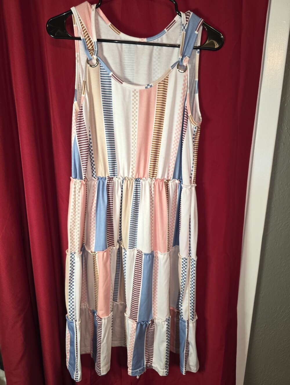 Patchwork Striped Pastel Tiered Sundress - Pink Blue Cream